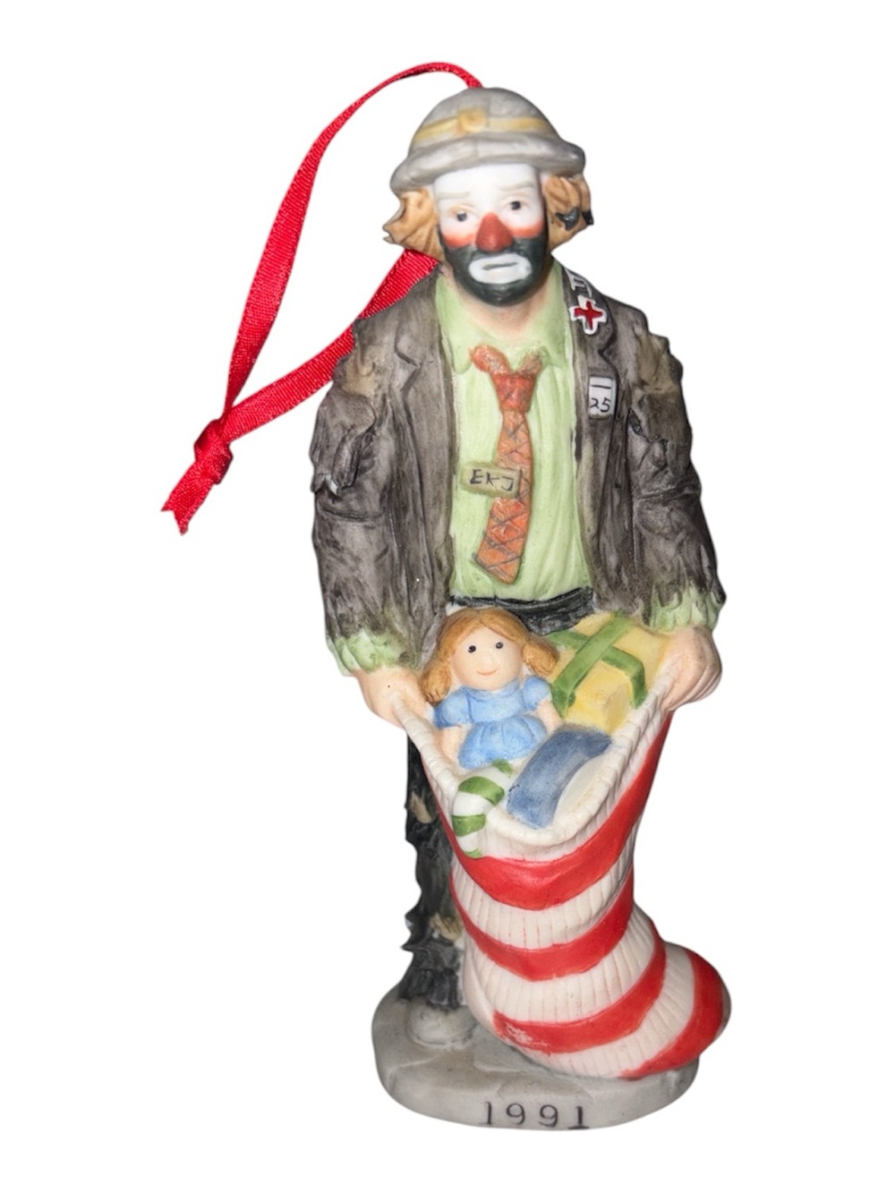 Vtg Emmett Kelly JR  Hobo Clown With Christmas Stocking  Ornament 1991 Flambro